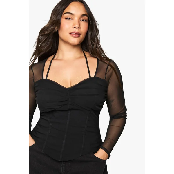 Plus Bengaline Haut Corset à Manches en Mesh