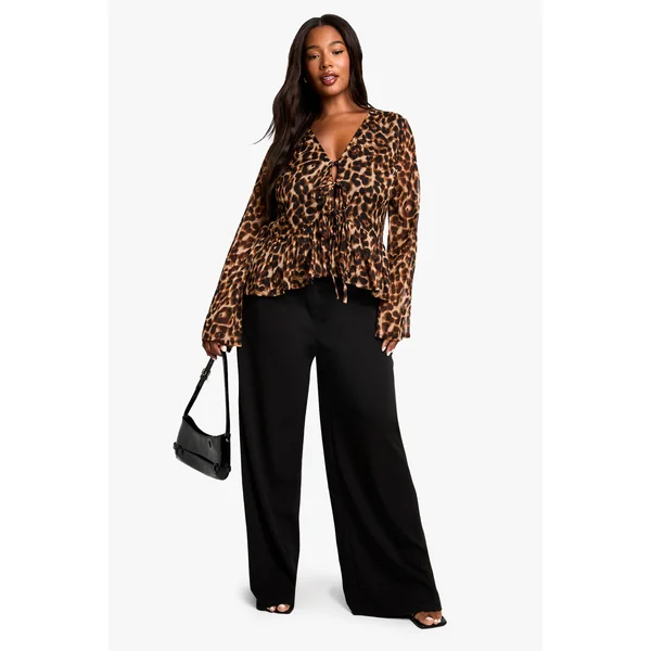 plus leopard tie front ruffle blouse