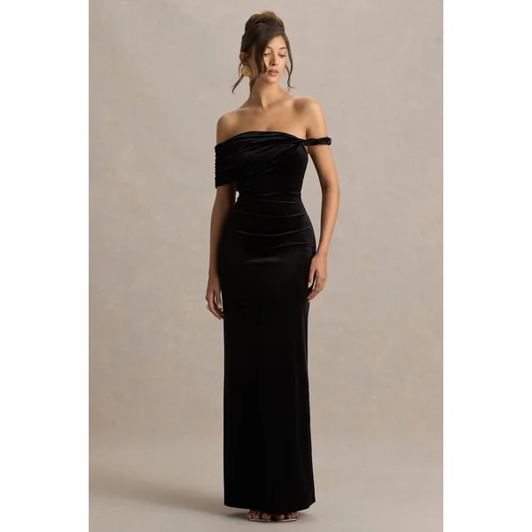 Poised | Robe longue noire en velours à décolleté bardot avec manches torsadées