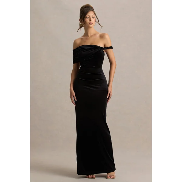 Poised | Robe longue noire en velours à décolleté bardot avec manches torsadées