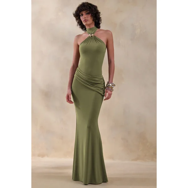 Polina | Robe longue olive à encolure haute avec drapé et détail doré