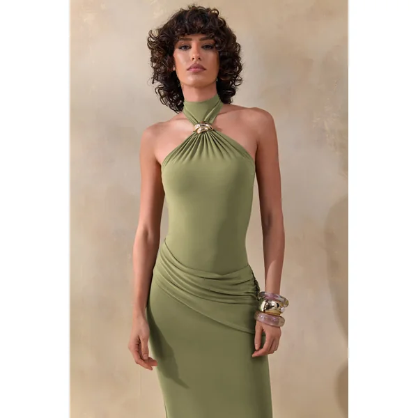 Polina | Robe longue olive à encolure haute avec drapé et détail doré