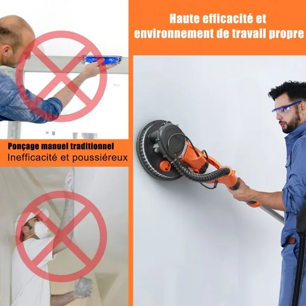 Ponceuse de Plaque de Plâtre 750W avec Lumière LED 6 Vitesses Variables 800-1750 tr/min