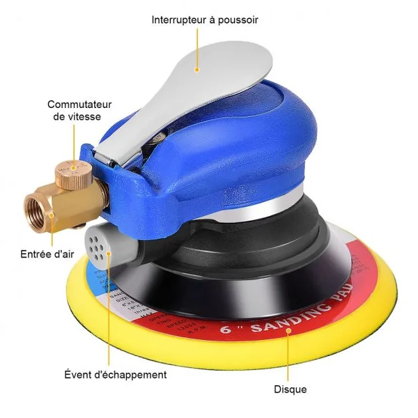 Ponceuse Orbitale Aléatoire Pneumatique 150mm 10000rpm Vitesse Réglable Pression D'air 6,3 Bars en Pvc Métal 17x15x12cm