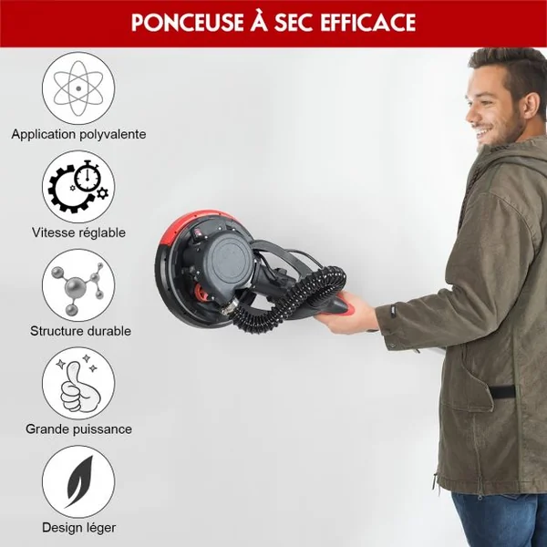 Ponceuse pour Cloison Sèche Electrique 750w Manche Télescopique 123-175cm 6 Papiers de Verre de Ø 225 mm Accessoires