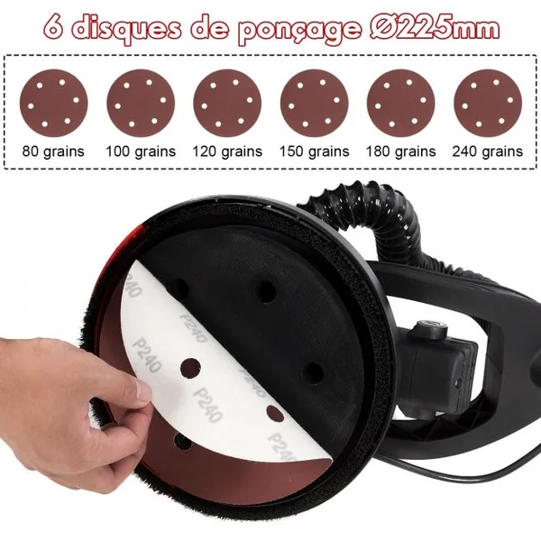 Ponceuse pour Cloison Sèche Electrique 750w Manche Télescopique 123-175cm 6 Papiers de Verre de Ø 225 mm Accessoires