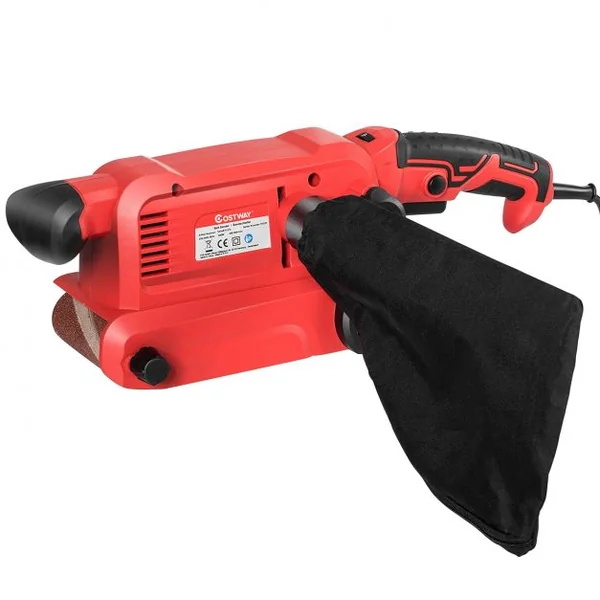 Ponceuse à Bande 800W Sac à Poussière 200-380 Tr/min 2x6 Bandes Abrasives 80 et 120 Grains 6 Vitesses Variables