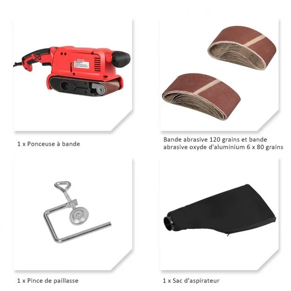 Ponceuse à Bande 800W Sac à Poussière 200-380 Tr/min 2x6 Bandes Abrasives 80 et 120 Grains 6 Vitesses Variables