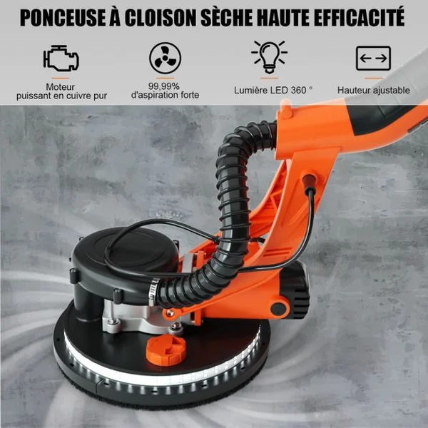 Ponceuse à Plâtre Murale 750W Ø 225mm Aluminium 6 Vitesses Variables Lumières LED Manche Télescopique 12 Disques Abrasifs