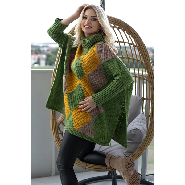 Poncho de grossesse en laine - Marron/Ecru/Vert