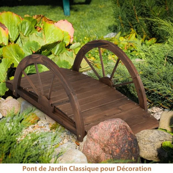 Pont de Jardin en Sapin Carbonisé 101,5 x 48,5 x 38 CM avec Garde-Corps en Forme de Demi-Roue Charge MaxinalE 75 KG