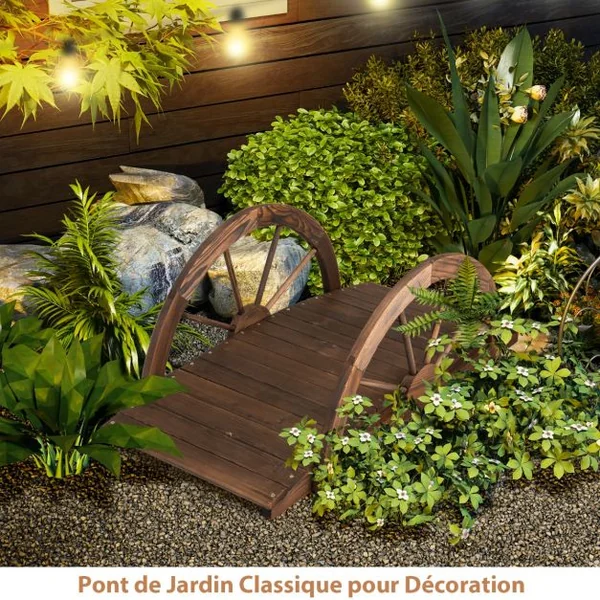 Pont de Jardin en Sapin Carbonisé 101,5 x 48,5 x 38 CM avec Garde-Corps en Forme de Demi-Roue Charge MaxinalE 75 KG