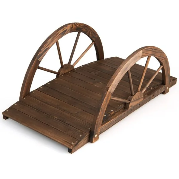 Pont de Jardin en Sapin Carbonisé 101,5 x 48,5 x 38 CM avec Garde-Corps en Forme de Demi-Roue Charge MaxinalE 75 KG
