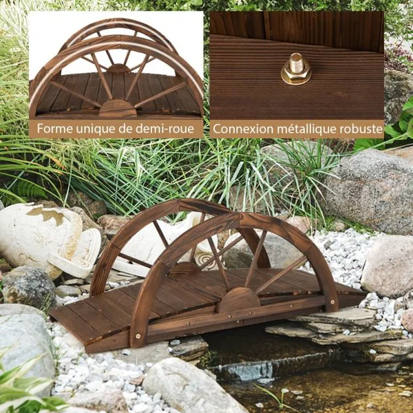 Pont de Jardin en Sapin Carbonisé 101,5 x 48,5 x 38 CM avec Garde-Corps en Forme de Demi-Roue Charge MaxinalE 75 KG