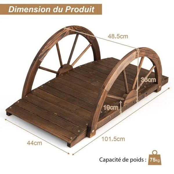 Pont de Jardin en Sapin Carbonisé 101,5 x 48,5 x 38 CM avec Garde-Corps en Forme de Demi-Roue Charge MaxinalE 75 KG