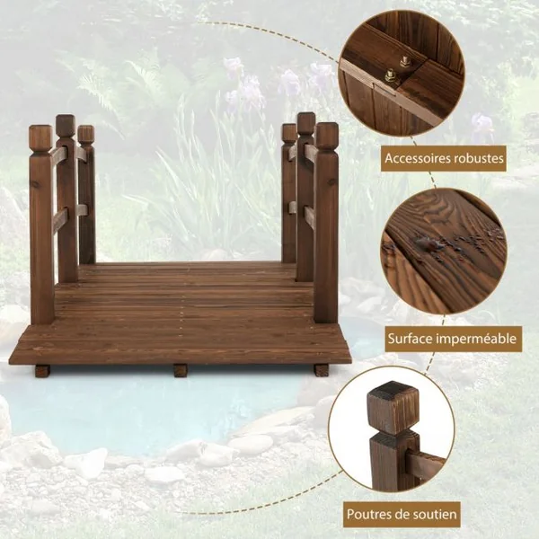 Pont de Jardin en Sapin Carbonisé Charge Maximale 150KG Pont sur Étang avec des Garde-corps de Sécurité Décoration du Jardin