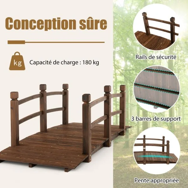 Pont de Jardin en Sapin Carbonisé Charge Maximale 150KG Pont sur Étang avec des Garde-corps de Sécurité Décoration du Jardin