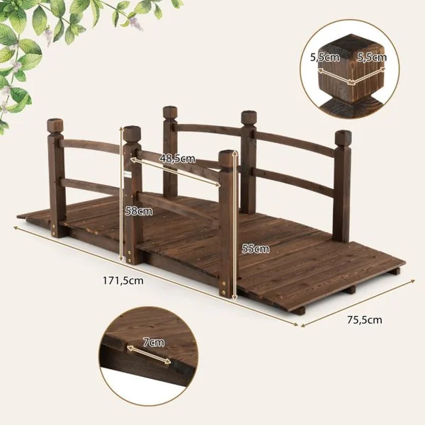 Pont de Jardin en Sapin Carbonisé Charge Maximale 150KG Pont sur Étang avec des Garde-corps de Sécurité Décoration du Jardin