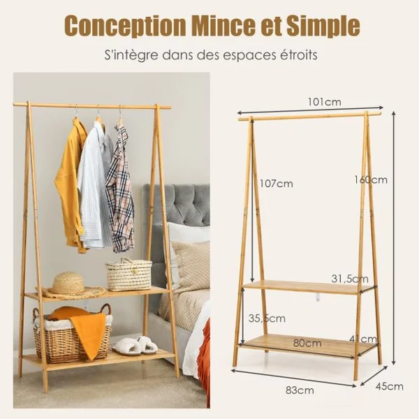 Portant à Vetement en Bambou Penderie Vetement Tringle 101cm 2 Étagères Porte Vetement Solide pour Chambre Naturel