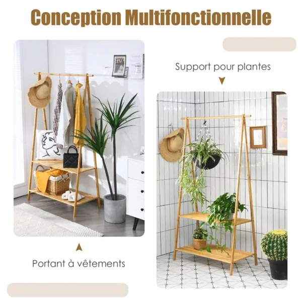 Portant à Vetement en Bambou Penderie Vetement Tringle 101cm 2 Étagères Porte Vetement Solide pour Chambre Naturel
