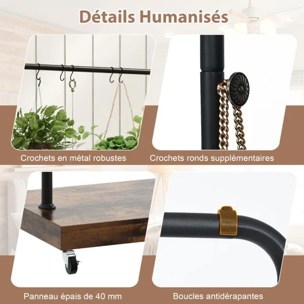 Portant à Vetement à Roulettes Penderie Vetement Tringle 85 Cm 5 Crochets pour Chambre Buanderie Style Industriel Marron Rustique