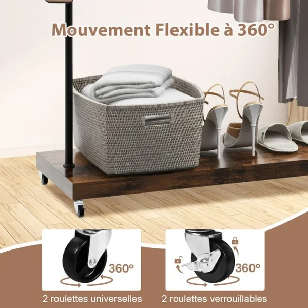 Portant à Vetement à Roulettes Penderie Vetement Tringle 85 Cm 5 Crochets pour Chambre Buanderie Style Industriel Marron Rustique