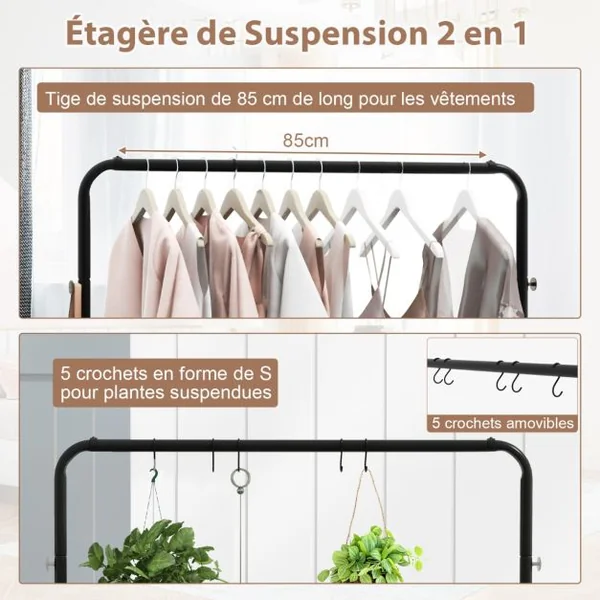 Portant à Vetement à Roulettes Penderie Vetement Tringle 85 Cm 5 Crochets pour Chambre Buanderie Style Industriel Marron Rustique
