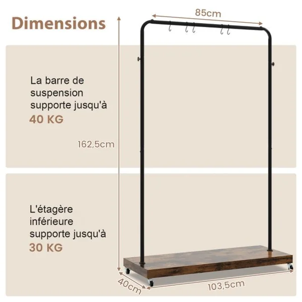 Portant à Vetement à Roulettes Penderie Vetement Tringle 85 Cm 5 Crochets pour Chambre Buanderie Style Industriel Marron Rustique