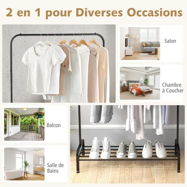 Portant à Vêtement avec Étagère de Chaussures Penderie Vêtement Hauteur 145CM Tube en Fer 4 Pieds Réglables Noir