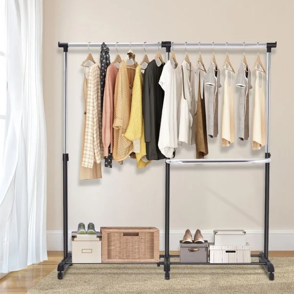 Portant à Vêtement Mobile et Télescopique Hauteur Largeur Réglables Capacité 20kg 91-160x43x93-168cm Noir et Argent