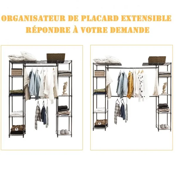 Portant à Vêtements 2 Tringles Télescopiques 10 Etagères 80 kg max en Acier et Plastique, 147/207x35x178cm, Café