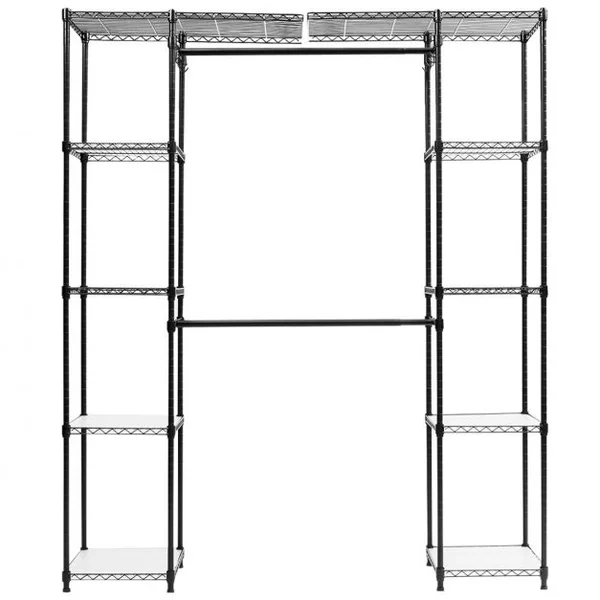 Portant à Vêtements 2 Tringles Télescopiques 10 Etagères 80 kg max en Acier et Plastique, 147/207x35x178cm, Noir