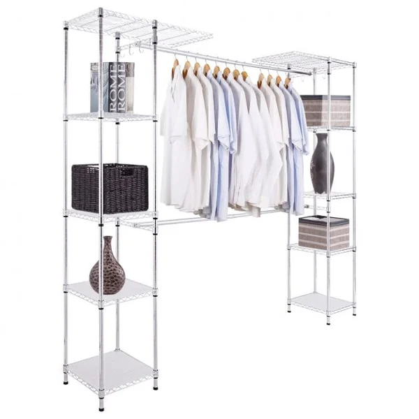 Portant à Vêtements 2 Tringles Télescopiques 10 Etagères 80 kg max en Acier et Plastique, 147/207x35x178cm, Noir/Café