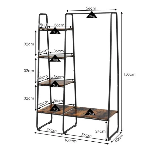 Portant à Vêtements avec 4 Etagères Cadre en Acier Style industriel Marron Rustique