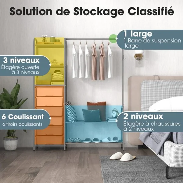 Portant à Vêtements en Métal avec 6 Tiroirs Amovibles et Porte-chaussures Porte-manteau avec Crochet pour Chambre Entrée