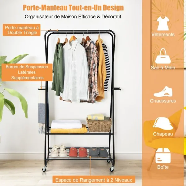 Portant à vêtements sur Roulettes à 2 Etagères, Porte Manteaux , Penderie Charge max. 30 kg Noir