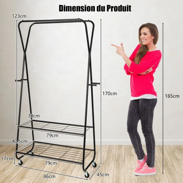 Portant à vêtements sur Roulettes à 2 Etagères, Porte Manteaux , Penderie Charge max. 30 kg Noir