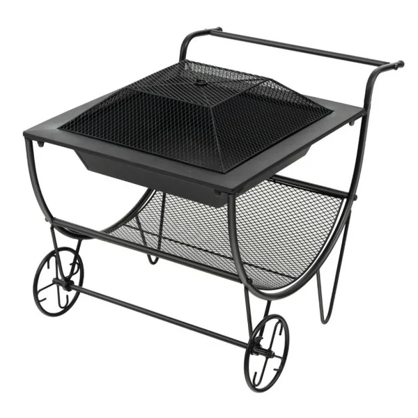 Porte Bûches à Bois 3 en 1 Brasero Exterieur avec Pare-Etincelles et Support de Rangement Charge 50KG 2 Roues Pratique Noir