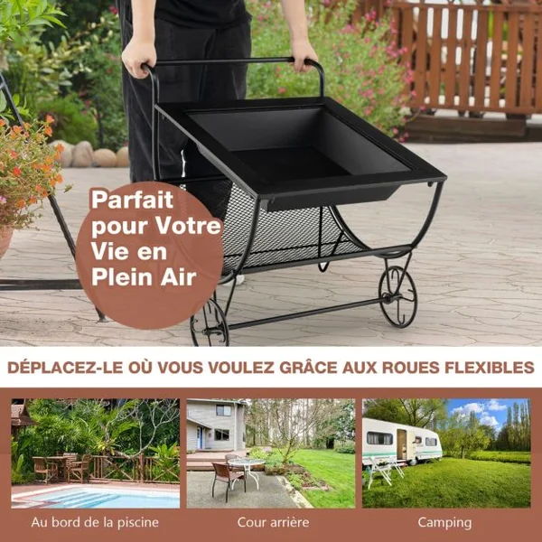 Porte Bûches à Bois 3 en 1 Brasero Exterieur avec Pare-Etincelles et Support de Rangement Charge 50KG 2 Roues Pratique Noir