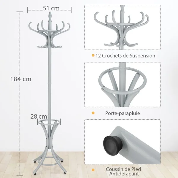 Porte Manteau sur Pieds avec 12 Crochets en Bois Massif pour Manteaux Chapeaux Parapluie 51 x 51 x 184 CM, 4 Couleurs au choix Gris