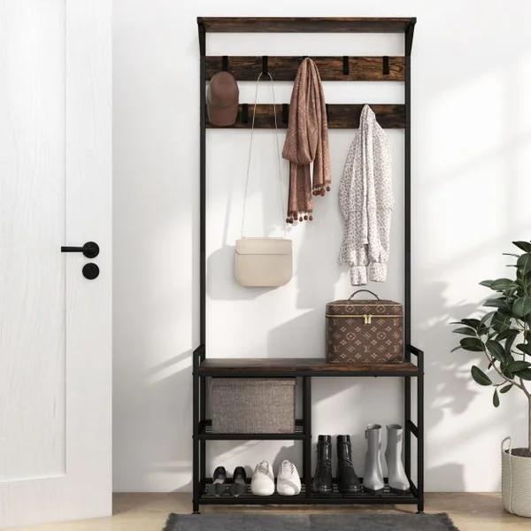 Porte Manteaux 4 en 1 Meuble d'Entrée Industriel avec Banc à Chaussures 9 Crochets Amovibles Vestiaire 84 x 30,5 x 183 cm Marron