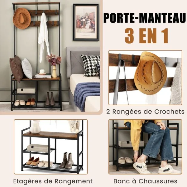 Porte Manteaux 4 en 1 Meuble d'Entrée Industriel avec Banc à Chaussures 9 Crochets Amovibles Vestiaire 84 x 30,5 x 183 cm Marron