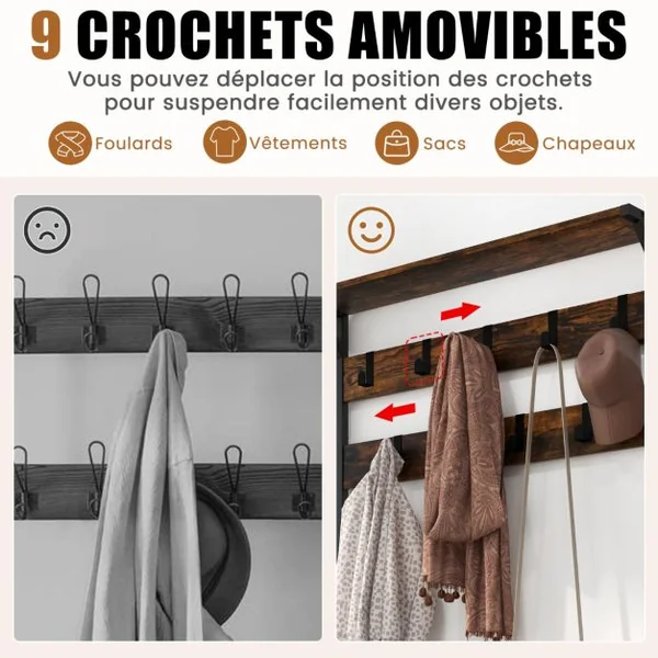 Porte Manteaux 4 en 1 Meuble d'Entrée Industriel avec Banc à Chaussures 9 Crochets Amovibles Vestiaire 84 x 30,5 x 183 cm Marron