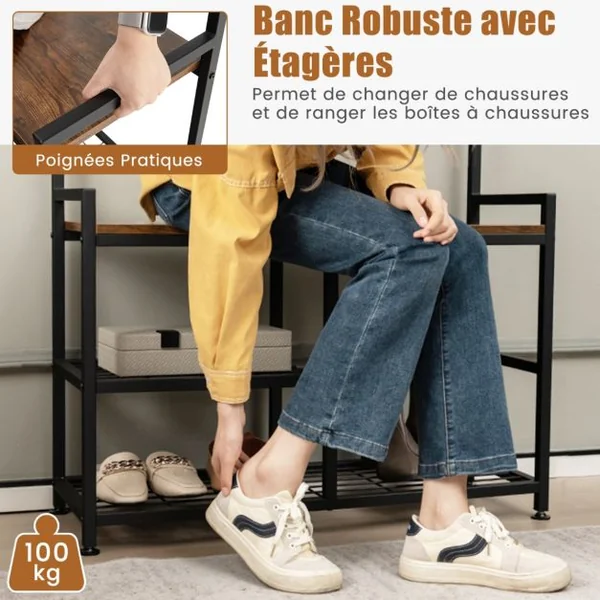 Porte Manteaux 4 en 1 Meuble d'Entrée Industriel avec Banc à Chaussures 9 Crochets Amovibles Vestiaire 84 x 30,5 x 183 cm Marron