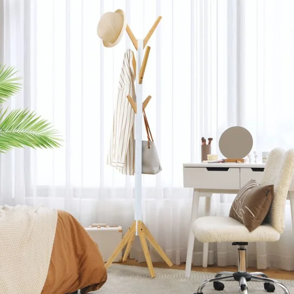 Porte Manteaux 6 Crochets 55 x 179 cm Style Scandinave Base Stable en Bambou pour Entrée Chambre Dortoir Appartement Blanc Naturel