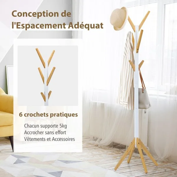 Porte Manteaux 6 Crochets 55 x 179 cm Style Scandinave Base Stable en Bambou pour Entrée Chambre Dortoir Appartement Blanc Naturel