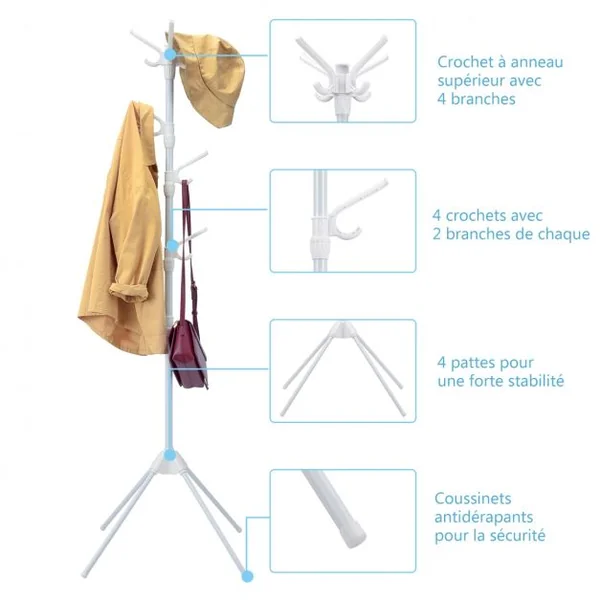 Porte Manteaux 8 Crochets en Acier Rangement pour Vestes Manteaux Chapeaux Blanc