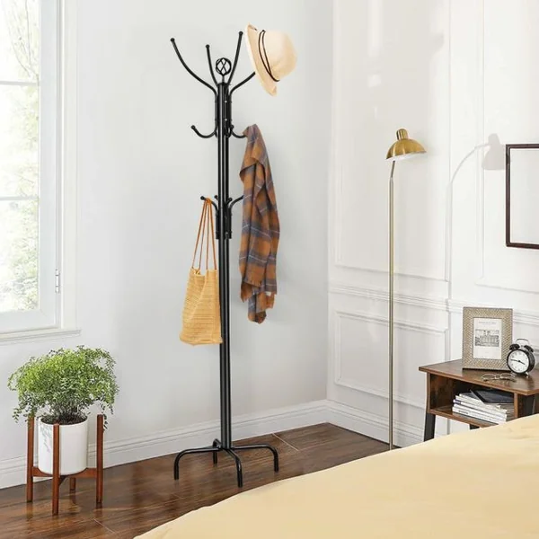 Porte Manteaux en Métal Portant à Vêtement sur Pied avec 12 Crochets Hauteur 200cm Porte-Manteau pour Chambre Dortoir Appartement Noir