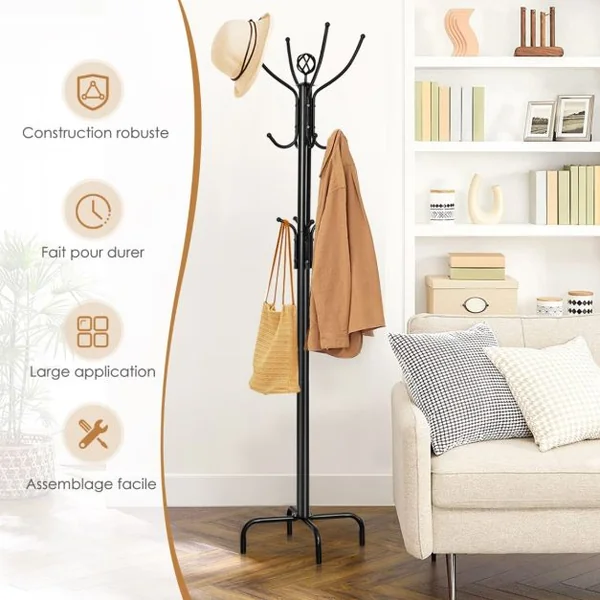 Porte Manteaux en Métal Portant à Vêtement sur Pied avec 12 Crochets Hauteur 200cm Porte-Manteau pour Chambre Dortoir Appartement Noir
