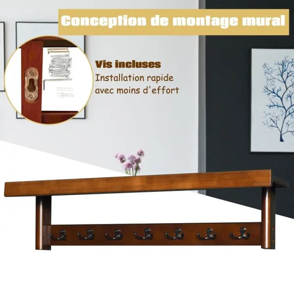 Porte Manteaux Mural Ensemble 14 Crochets 1 Etagère pour Présentoir en Bois d’Hévéa Marron